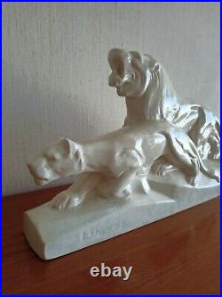 Lions En Ceramique Art Deco Blanc Craquelee Signee L. Francois (1882-1965)
