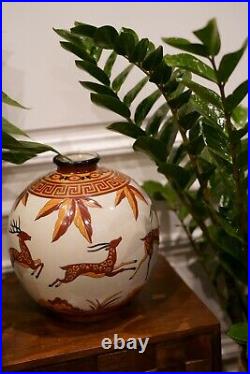 Lot de vases boules en céramique Keralouve à décor de gazelles Art déco orange