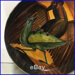 M de P Céramique Grand Plat Peint 1950 Design XXeme Art Deco Oiseau a Identifier