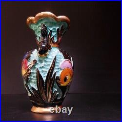 N9522 vase céramique barbotine émaillé dorure poisson fait main poterie art déco
