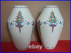 ORCHIES 2 Vases céramique craquelée décor floral émaillé Art déco Ht RARE 36 cm