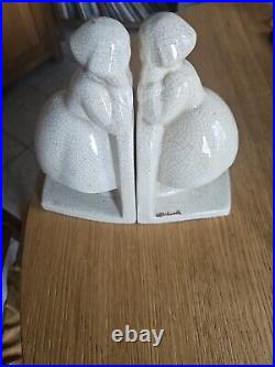 -PAIRE DE SERRE LIVRES EN CERAMIQUE CRAQUELEE ART DECO L FONTINELLE Becassine
