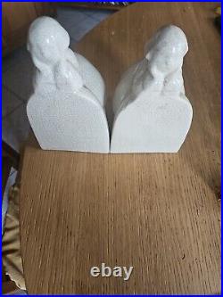 -PAIRE DE SERRE LIVRES EN CERAMIQUE CRAQUELEE ART DECO L FONTINELLE Becassine