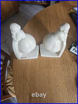 -PAIRE DE SERRE LIVRES EN CERAMIQUE CRAQUELEE ART DECO L FONTINELLE Becassine