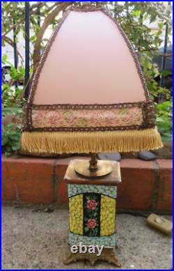 PIED de LAMPE ancien CERAMIQUE japonisante FLEURS de CERISIER ART DECO & BRONZE