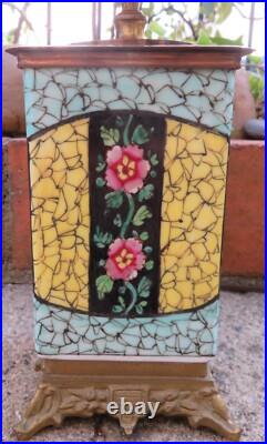 PIED de LAMPE ancien CERAMIQUE japonisante FLEURS de CERISIER ART DECO & BRONZE