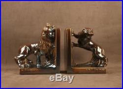Paire De Serre Livre Ceramique D'onnaing Lion Lionne Signe Lefebvre Art Deco
