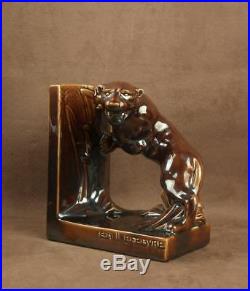 Paire De Serre Livre Ceramique D'onnaing Lion Lionne Signe Lefebvre Art Deco