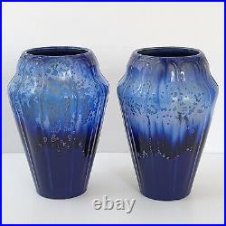 Paire De Vases Art Deco Francais Ceramique Francaise Gres Bleu 1920 1930 Vintage