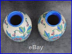 Paire De Vases Céramique Keramis Frères Boch Catteau Décors Fleurs Art Deco