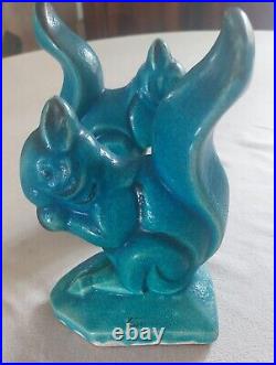 Paire d'écureuils ceramique craquelée Louis Fontinelle bleu turquoise art déco