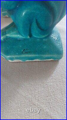Paire d'écureuils ceramique craquelée Louis Fontinelle bleu turquoise art déco