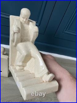 Paire serre livres céramique craquelé Art deco Fontinelle Larrieu Geo Martel