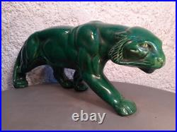 Panthere en Céramique Verte Art Déco Lion St Clément Statue Animalier Bronze