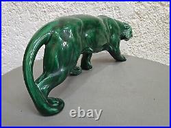 Panthere en Céramique Verte Art Déco Lion St Clément Statue Animalier Bronze
