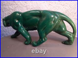 Panthere en Céramique Verte Art Déco Lion St Clément Statue Animalier Bronze