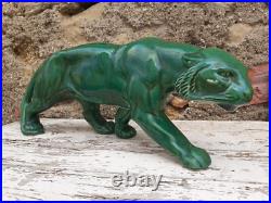 Panthere en Céramique Verte Art Déco Lion St Clément Statue Animalier Bronze