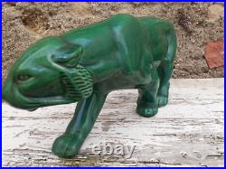 Panthere en Céramique Verte Art Déco Lion St Clément Statue Animalier Bronze