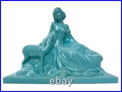 Polbert Femme à l'antilope, sculpture en faïence 1940 Art Déco