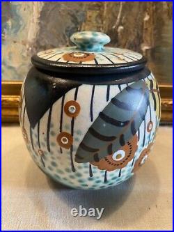 Pot à tabac Art-déco signé Louis Dage ceramique à décor polychrome émaillé