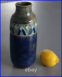Rare Ancien Vase ROYAL DOULTON Céramique Grès Bleu Et Emaux Art Déco 1920