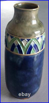 Rare Ancien Vase ROYAL DOULTON Céramique Grès Bleu Et Emaux Art Déco 1920