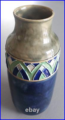 Rare Ancien Vase ROYAL DOULTON Céramique Grès Bleu Et Emaux Art Déco 1920