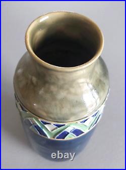 Rare Ancien Vase ROYAL DOULTON Céramique Grès Bleu Et Emaux Art Déco 1920