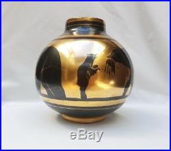 Rare Vase aux ours Céramique Art Déco, émaillé noir et or Boch La Louvière
