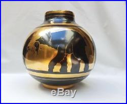 Rare Vase aux ours Céramique Art Déco, émaillé noir et or Boch La Louvière