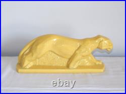 SUPERBE ANCIENNE SCULPTURE Art Déco en Céramique Craquelée Jaune LIONNE