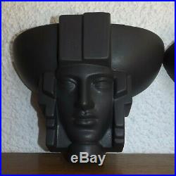Saint-Clément Pair Black Ceramic Sconces Egyptian Mask Art Deco France Appliques