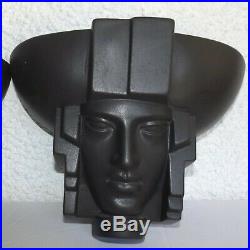 Saint-Clément Pair Black Ceramic Sconces Egyptian Mask Art Deco France Appliques