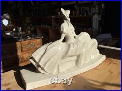 Sculpture Art Déco Lejan dame au lévrier faïence craquelée France 1930s
