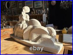 Sculpture Art Déco Lejan dame au lévrier faïence craquelée France 1930s