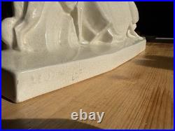 Sculpture Art Déco Lejan dame au lévrier faïence craquelée France 1930s