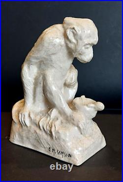Sculpture CERAMIQUE CRAQUELE Art Déco Singe Monkey RENE MEYNIAL & EM SAMSON 1930