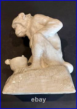 Sculpture CERAMIQUE CRAQUELE Art Déco Singe Monkey RENE MEYNIAL & EM SAMSON 1930