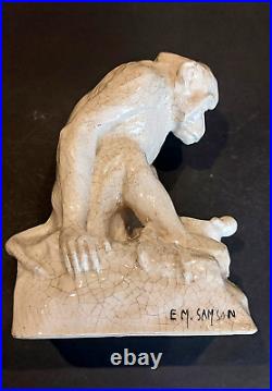 Sculpture CERAMIQUE CRAQUELE Art Déco Singe Monkey RENE MEYNIAL & EM SAMSON 1930