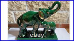 Sculpture Ceramique Verte Elephant Et Son Petit Signe Ch. Lemanceau Art Deco