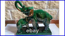 Sculpture Ceramique Verte Elephant Et Son Petit Signe Ch. Lemanceau Art Deco