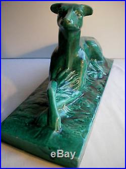 Sculpture céramique craquelée Art Déco, Le LEVRIER couché, Lejan-Lemanceau
