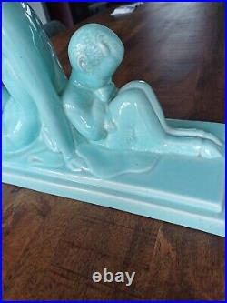 Sculpture en faïence craquelée Femme et Enfant Signé Lemanceau Art Déco