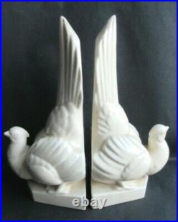 Serre-livres Art Déco céramique blanche craquelée Oiseaux, Tourterelles