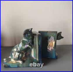 Serre livres CHAT RAMBERVILLERS GRES FLAMME bleu vert irisé ART DECO CERAMIQUE