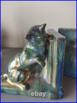 Serre livres CHAT RAMBERVILLERS GRES FLAMME bleu vert irisé ART DECO CERAMIQUE