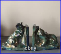 Serre livres CHAT RAMBERVILLERS GRES FLAMME bleu vert irisé ART DECO CERAMIQUE