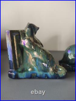 Serre livres CHAT RAMBERVILLERS GRES FLAMME bleu vert irisé ART DECO CERAMIQUE