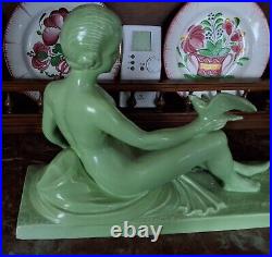 Statue Céramique Femme Nue à L' Oiseau Signée L. FRANCOIS Art Déco