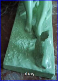 Statue Céramique Femme Nue à L' Oiseau Signée L. FRANCOIS Art Déco